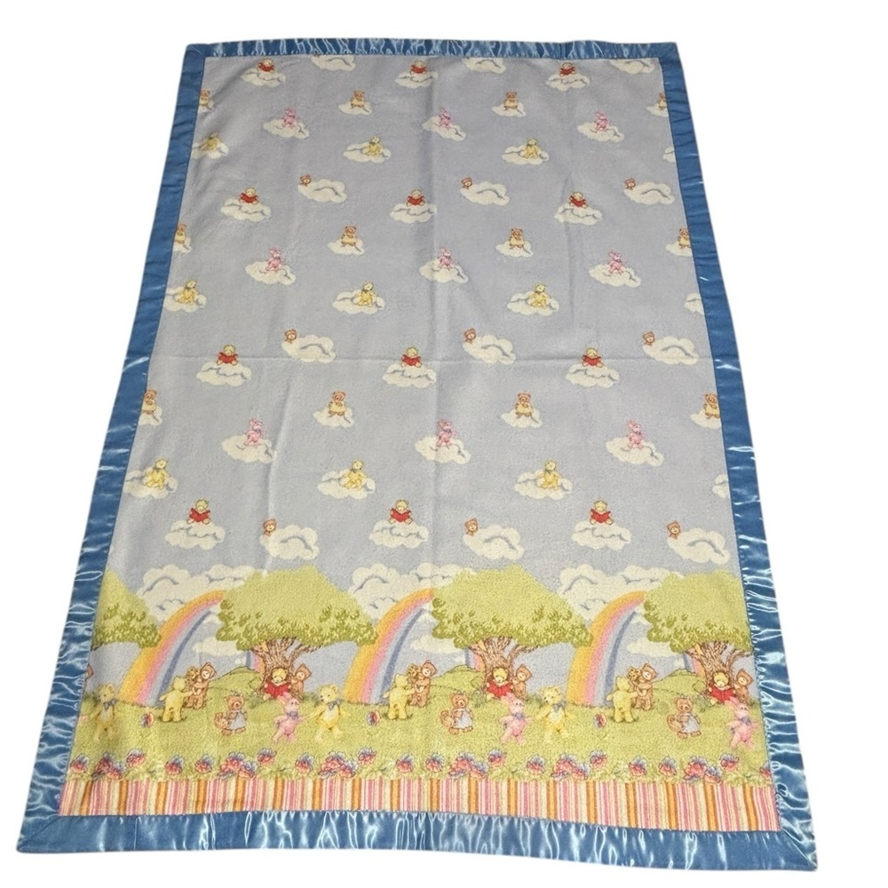 Vintage Rainbow Bear Baby Blanket Quilt Handmade Satin Trim 60x40 Clouds Spring - Picture 2 of 7